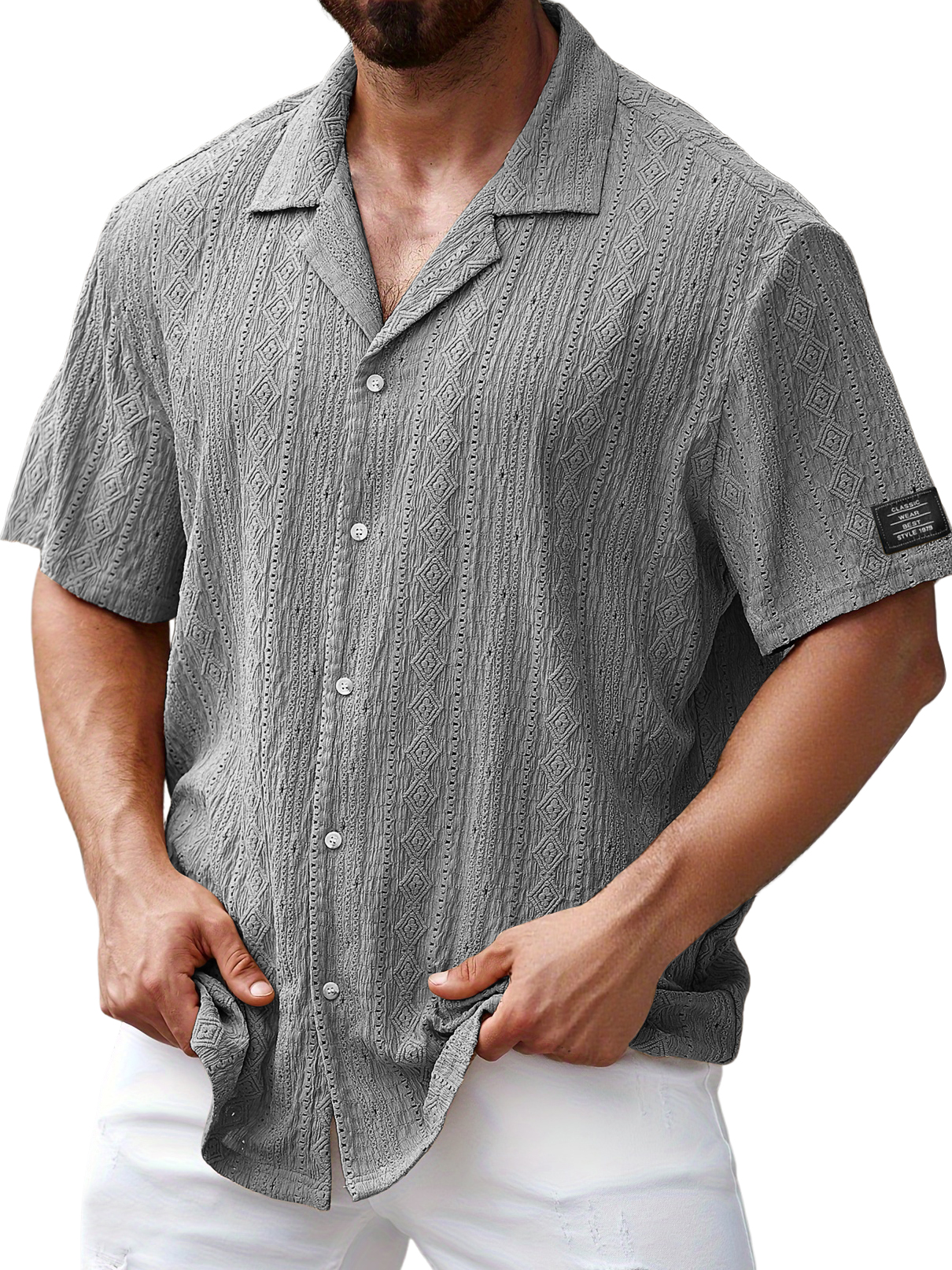 Men's Daily Jacquard Texture Embroidered Logo Casual And Comfortable Short-sleeved Shirt