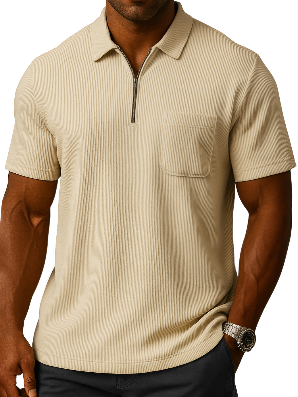 Men's Solid Color Loose And Comfortable Vertical Stripes Zipper Pocket Short-sleeved Polo Shirt