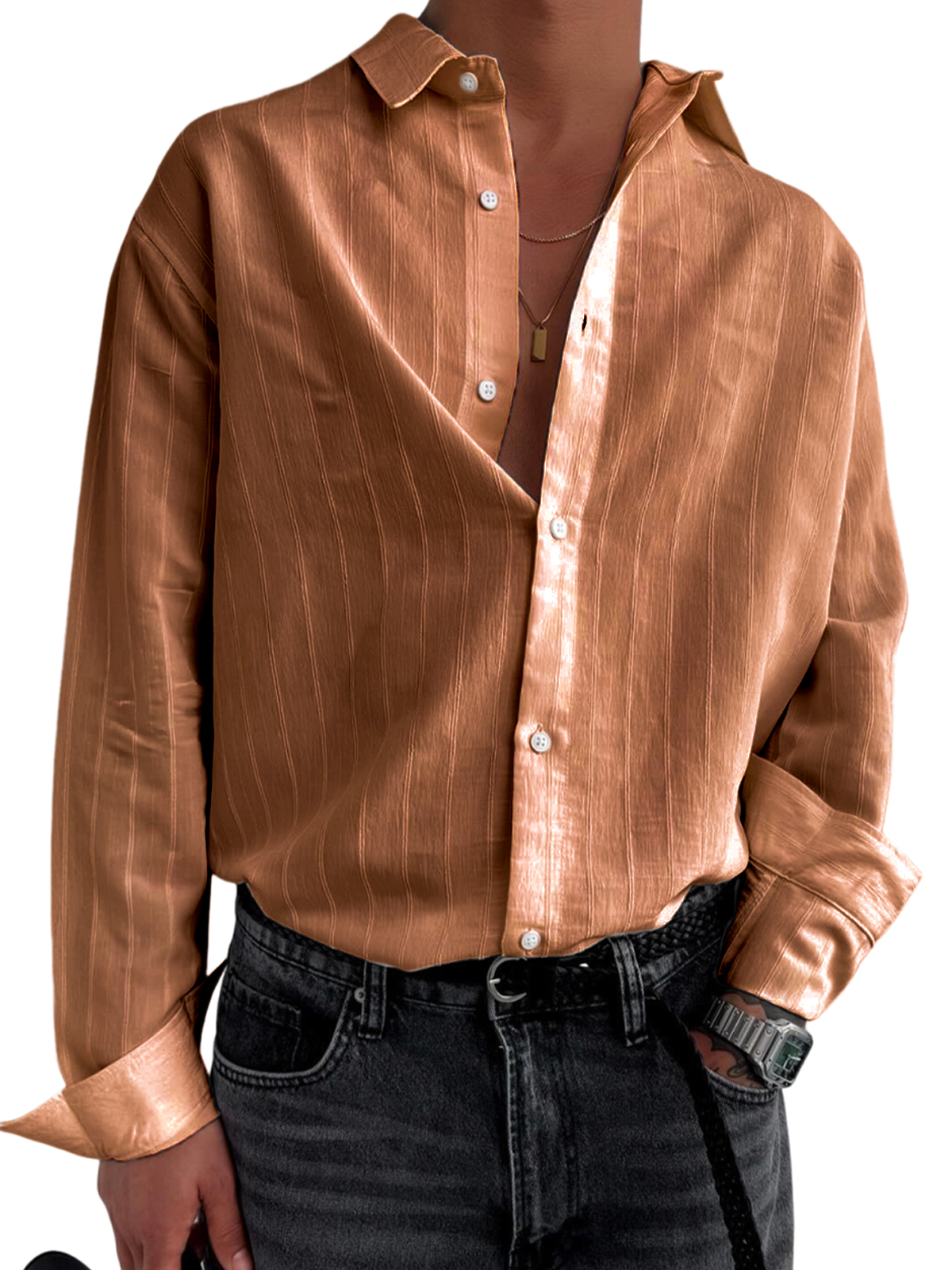 Men's Stylish Striped Textured Casual Long Sleeve Shirt