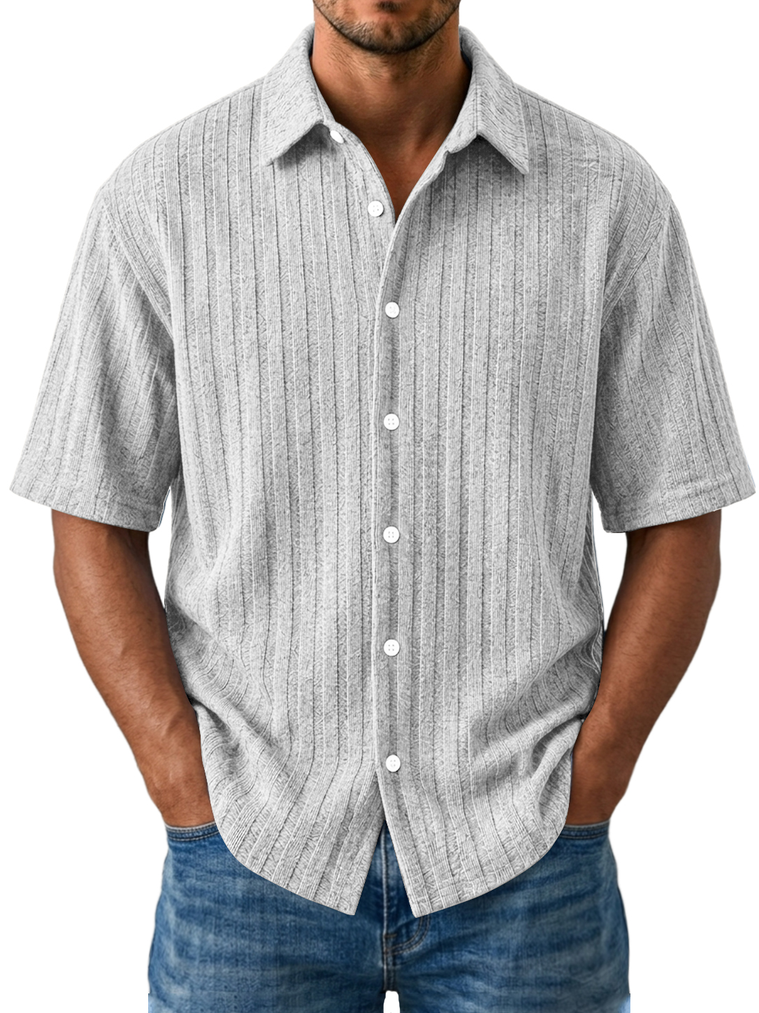 Men's Casual Striped Jacquard Short Sleeve Shirt