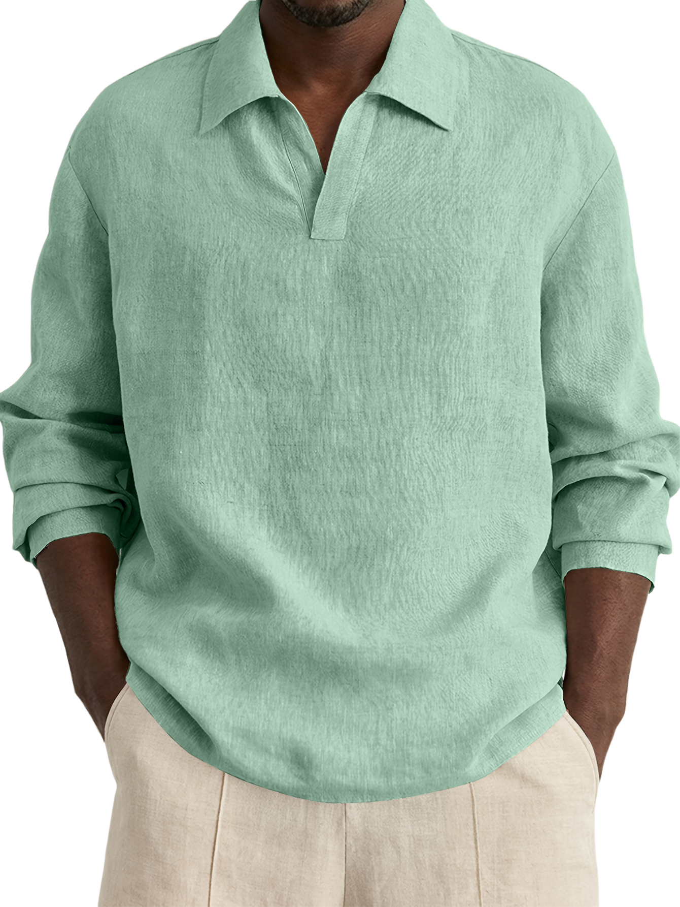 Men's Casual Simple Cotton Linen V-Neck Long-Sleeve Shirt