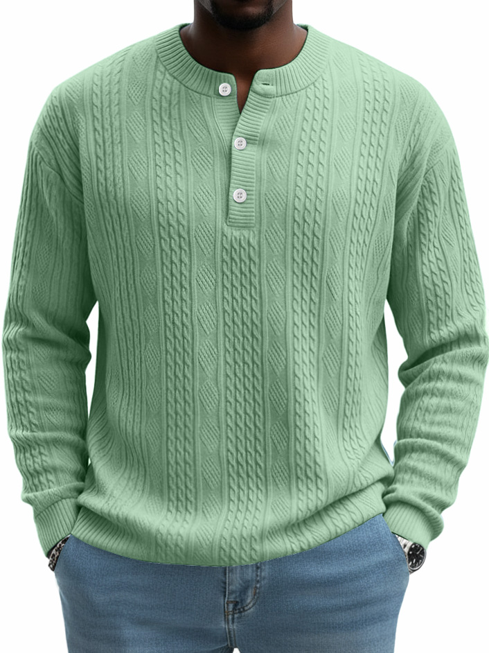 Men's Comfortable Casual Henley Collar Diamond Jacquard Stripe Sweatshirt