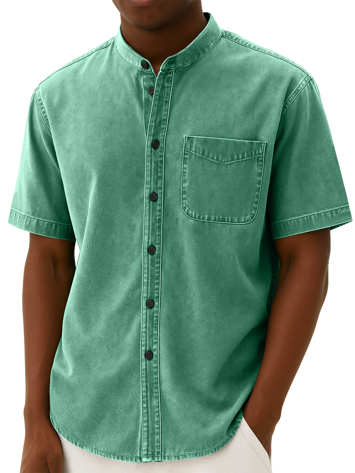 Men's Stylish Retro Distressed Pocket Work Short-sleeved Shirt With Stand-up Collar