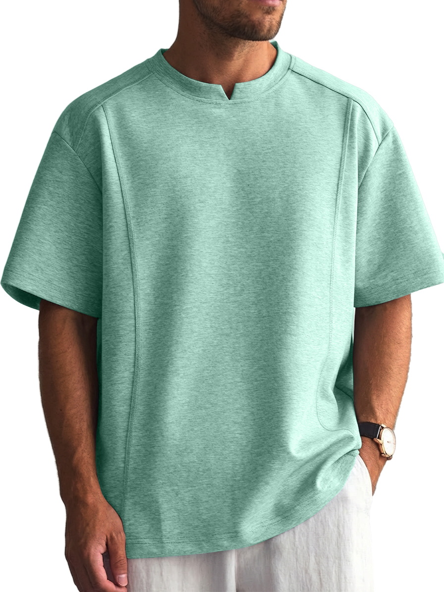 Men's Solid Color Deconstructed Short Sleeve T-Shirt with Shallow V-Neck