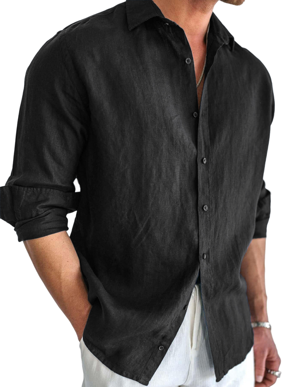 Men's Basic Cotton and Linen Long Sleeve Lapel Loose Button-down Cardigan Shirt