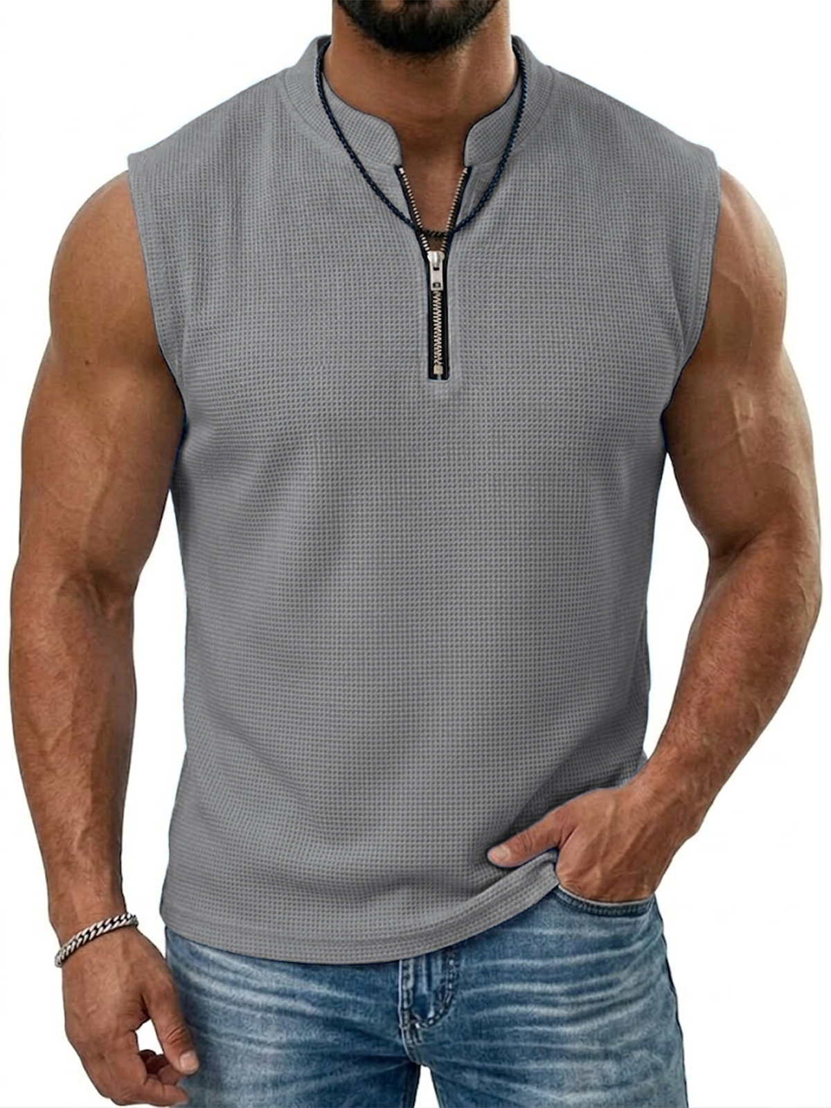 Men's Sleeveless Solid Color Textured Pullover Vest
