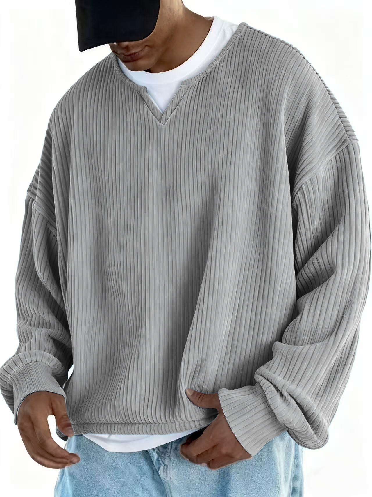 Men's V-neck Notch Collar Ribbed Long-sleeved Pullover