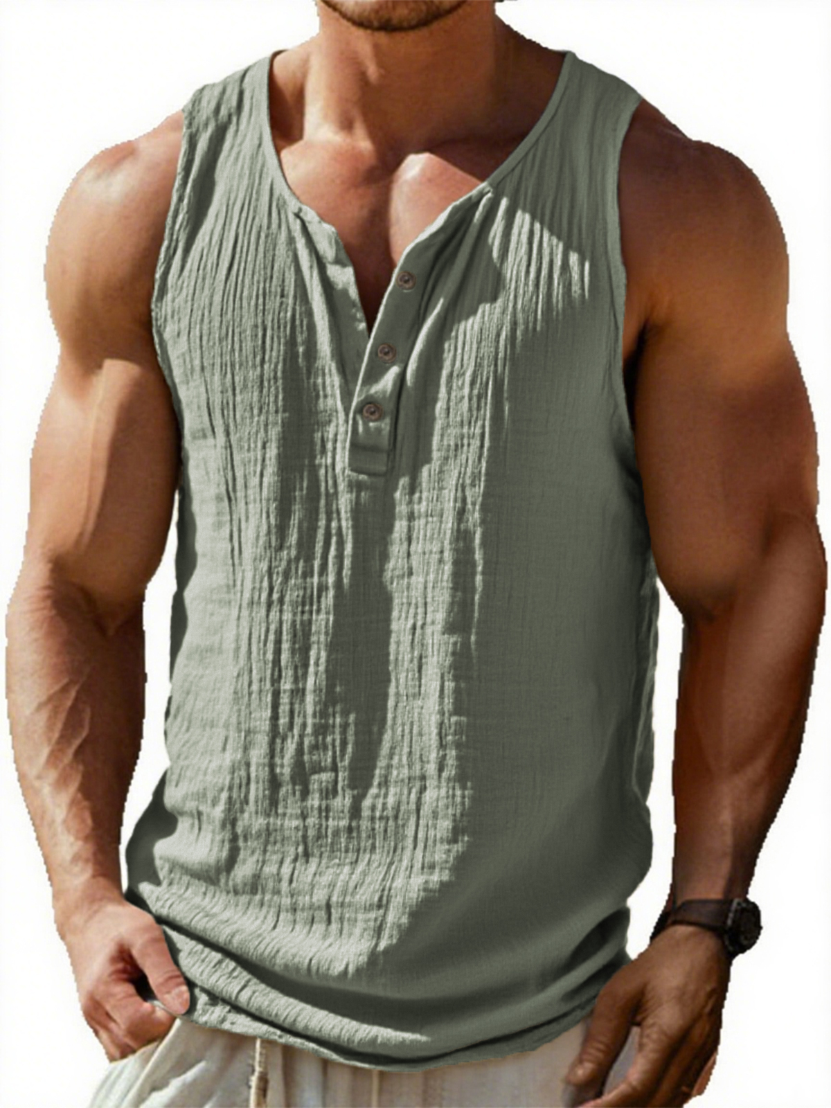 Men's Vintage Sleeveless Pleated Textured Three Button Henley T-Shirt