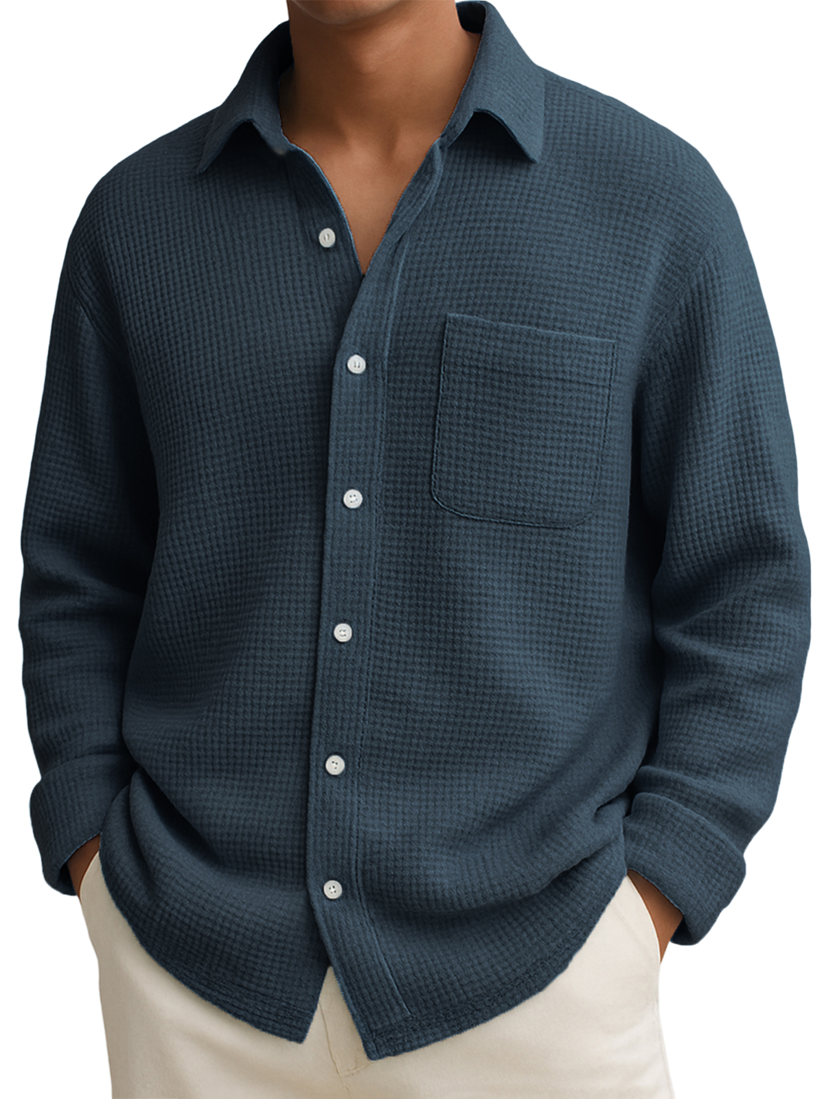 Men's Comfort Waffle Lapel Long Sleeve Shirt with Chest Pocket
