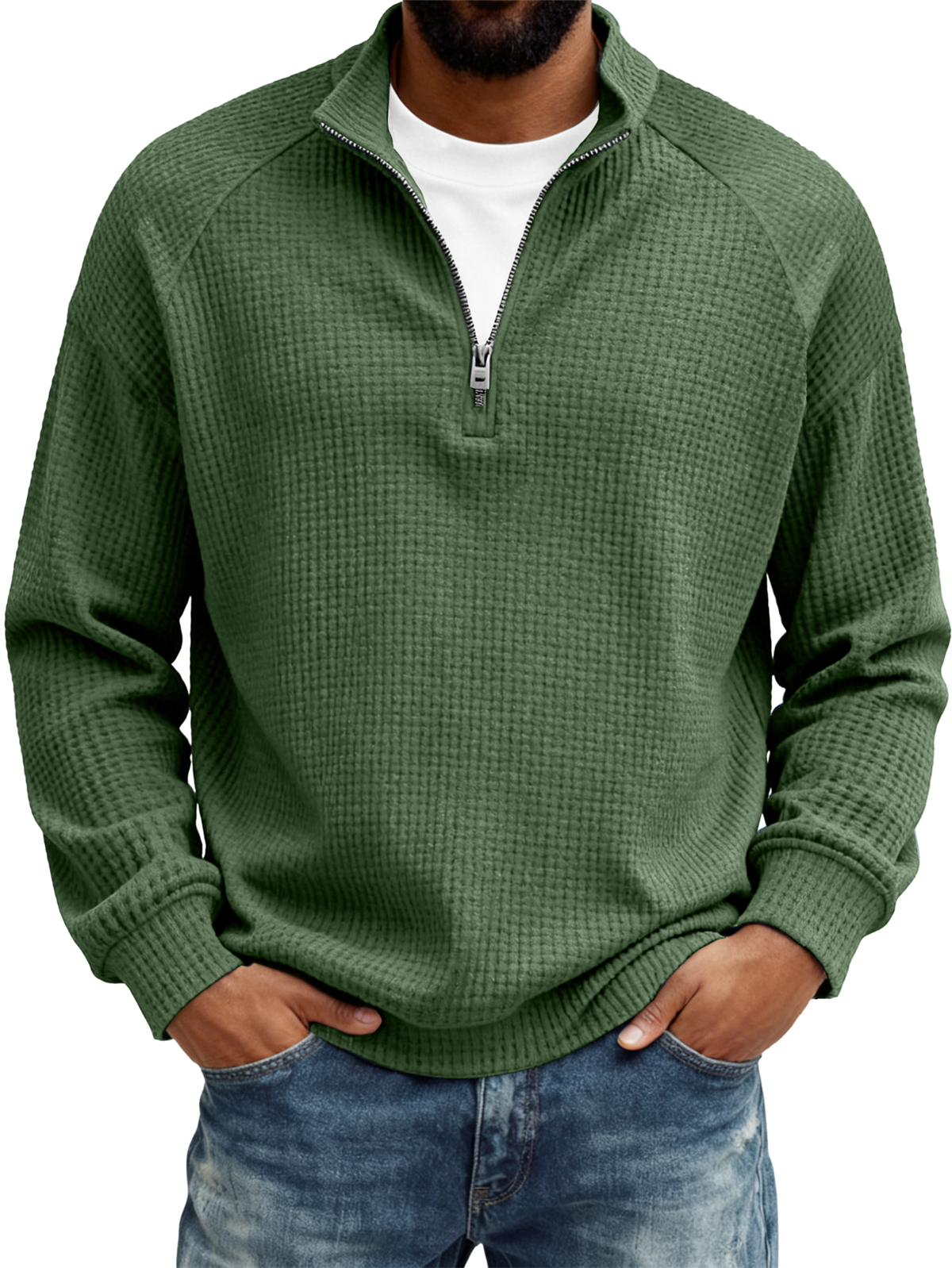 Men's Retro Casual Waffle Fabric Raglan Sleeve Quarter-Zip Long-Sleeve T-Shirt