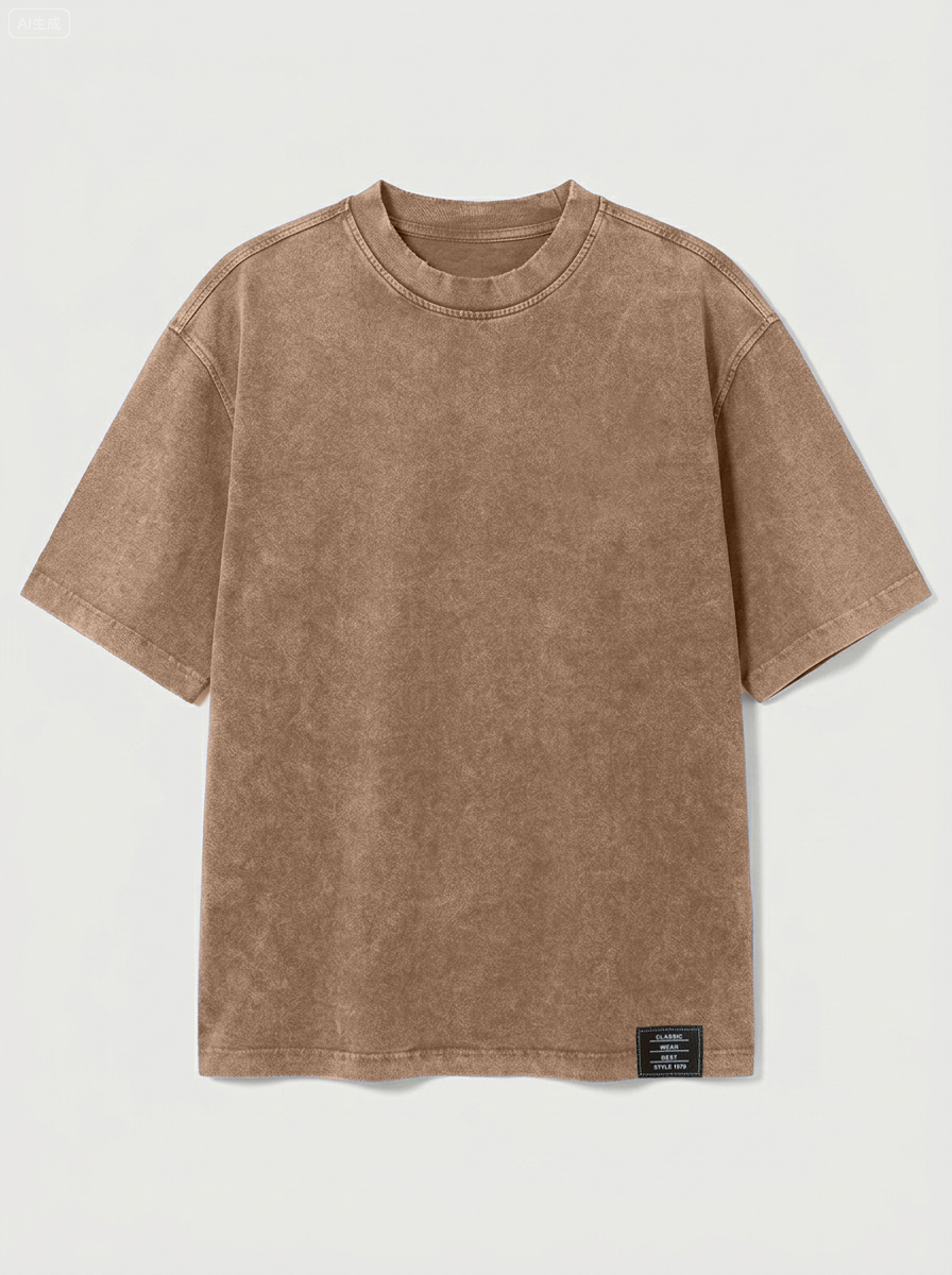 100% Cotton Vintage Casual Washed & Distressed Embroidered Logo Crew Neck Short-Sleeve T-Shirt