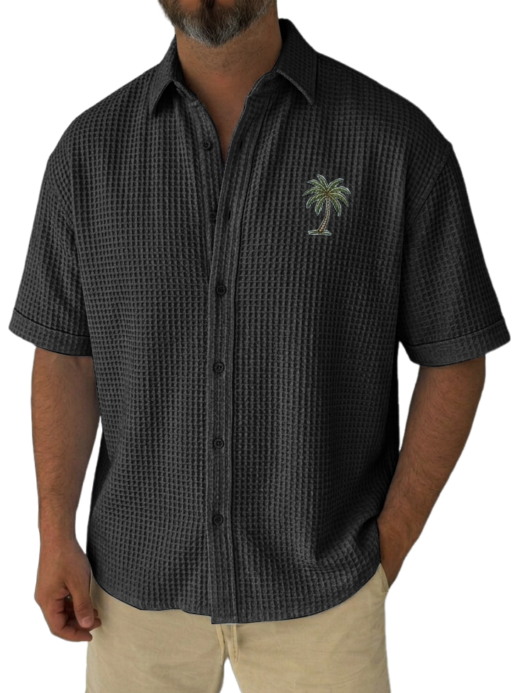 Men's Simple Casual Loose Fit Waffle-Knit Short Sleeve Shirt with Palm Tree Pattern
