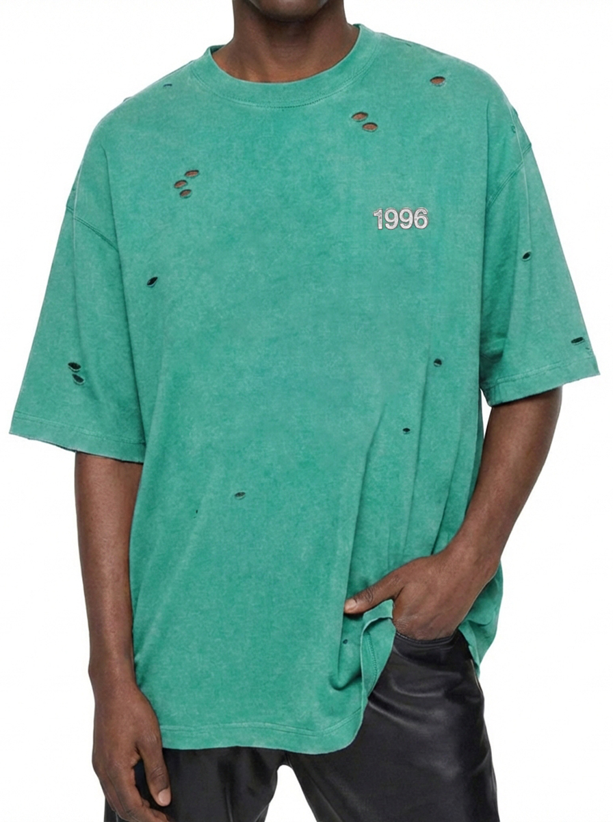 Men's 100% Vintage Distressed Ripped Punk Style Crew Neck Short-Sleeved T-shirt