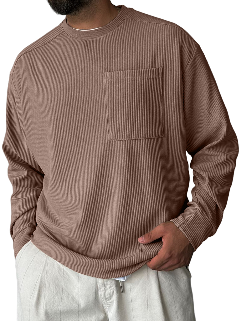Men's Striped Jacquard Crew Neck Pocket Casual Comfortable Long-sleeved T-shirt