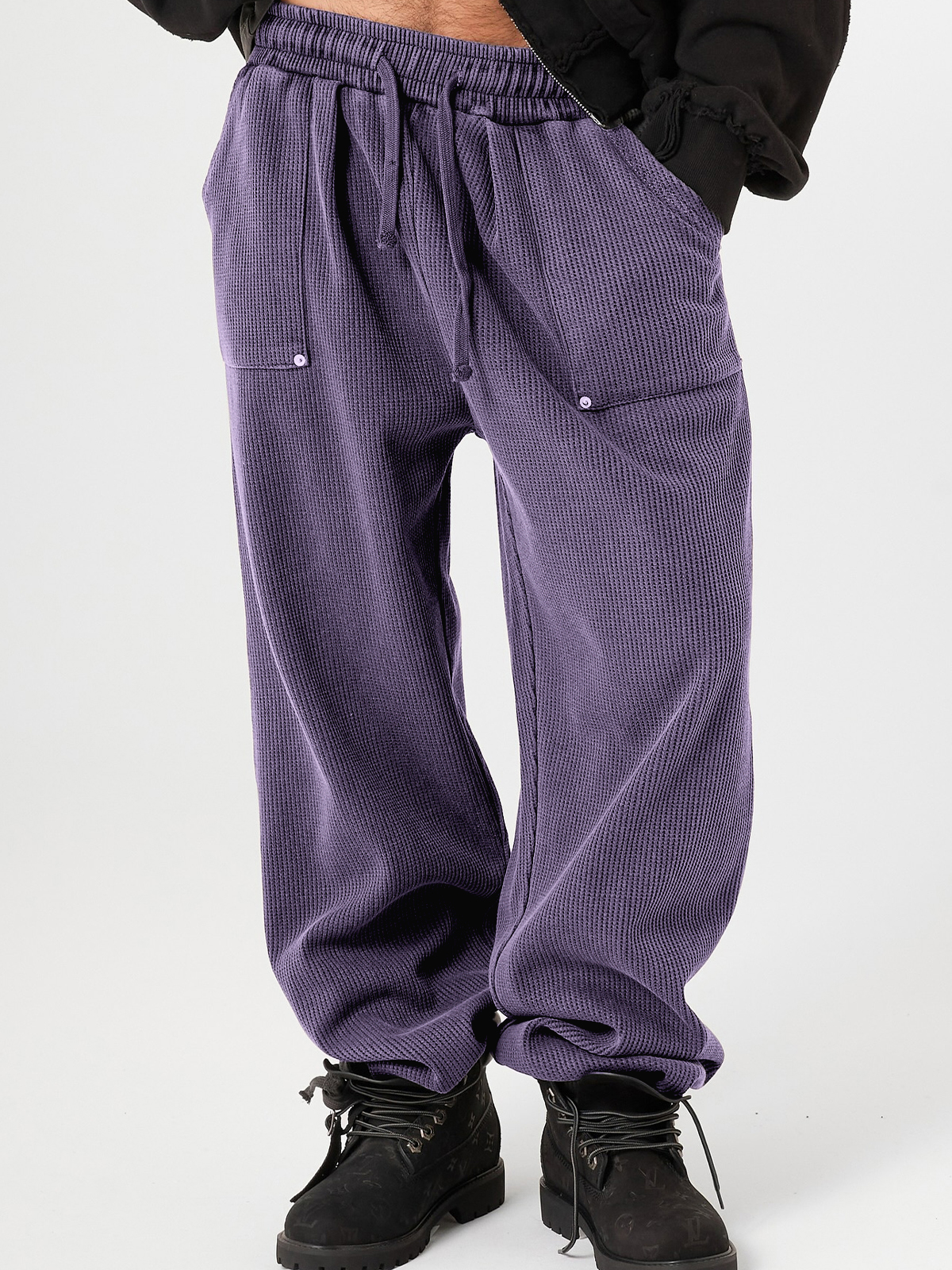 Men's Stylish Waffle-Knit Patchwork Design Baggy Pants