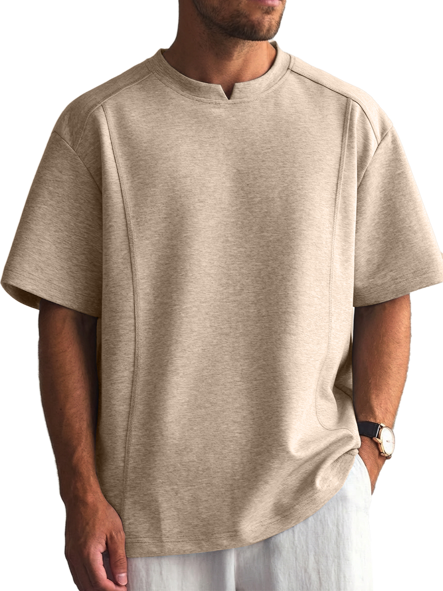 Men's Solid Color Deconstructed Short Sleeve T-Shirt with Shallow V-Neck