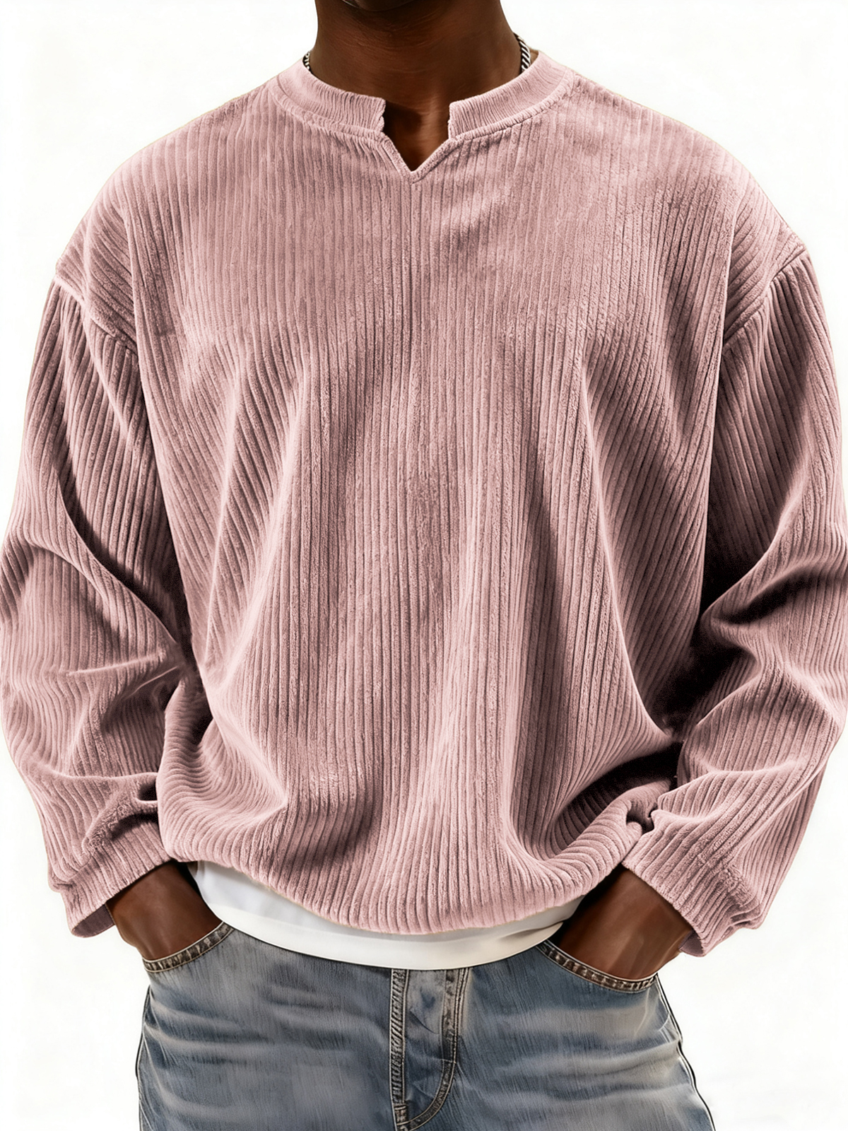 Men's V-neck Notch Neck Stylish Corduroy Long-sleeved Pullover