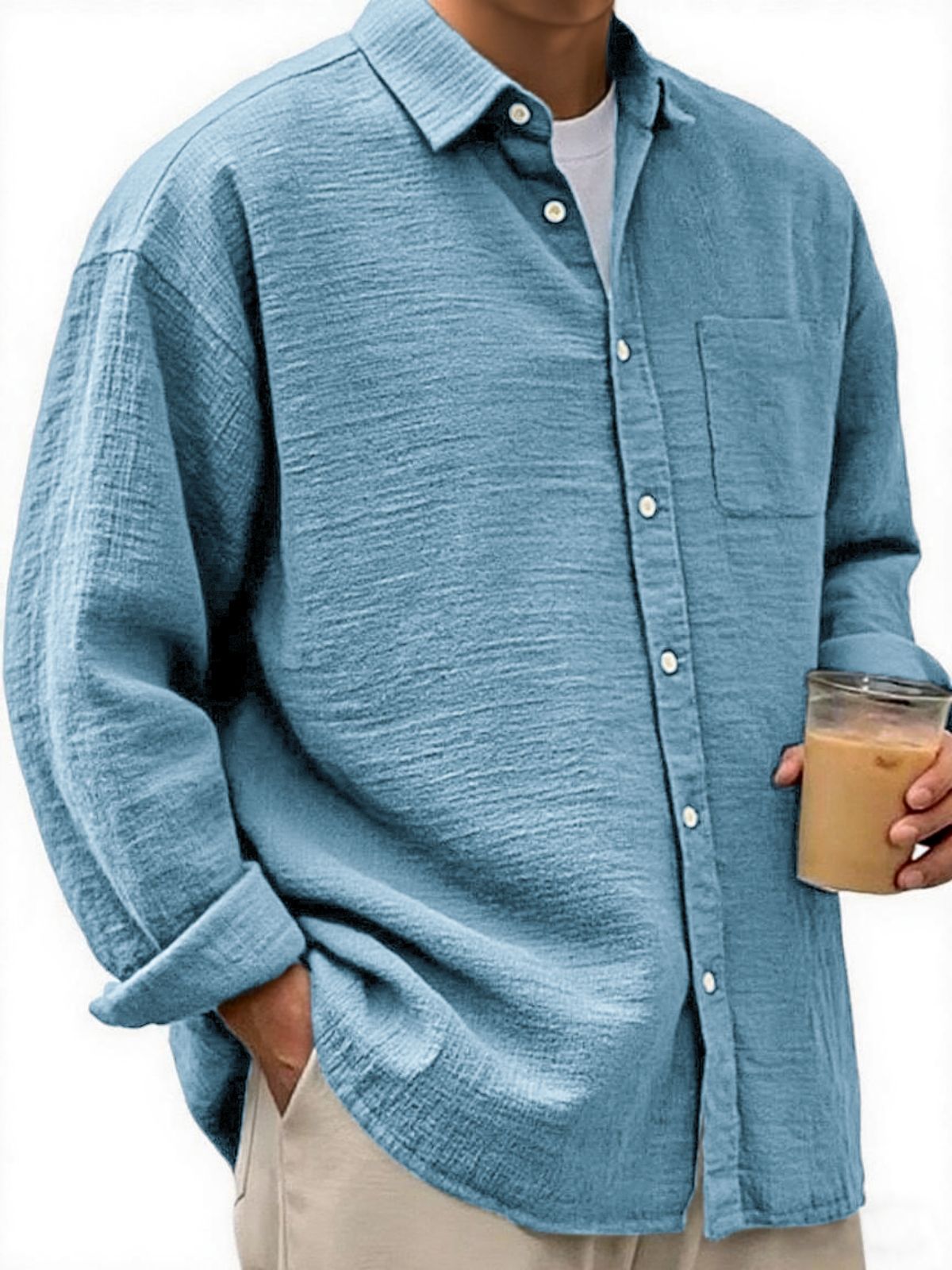 Men's Crinkled Linen Urban Casual Daily Long-sleeve Shirt with Chest Pocket