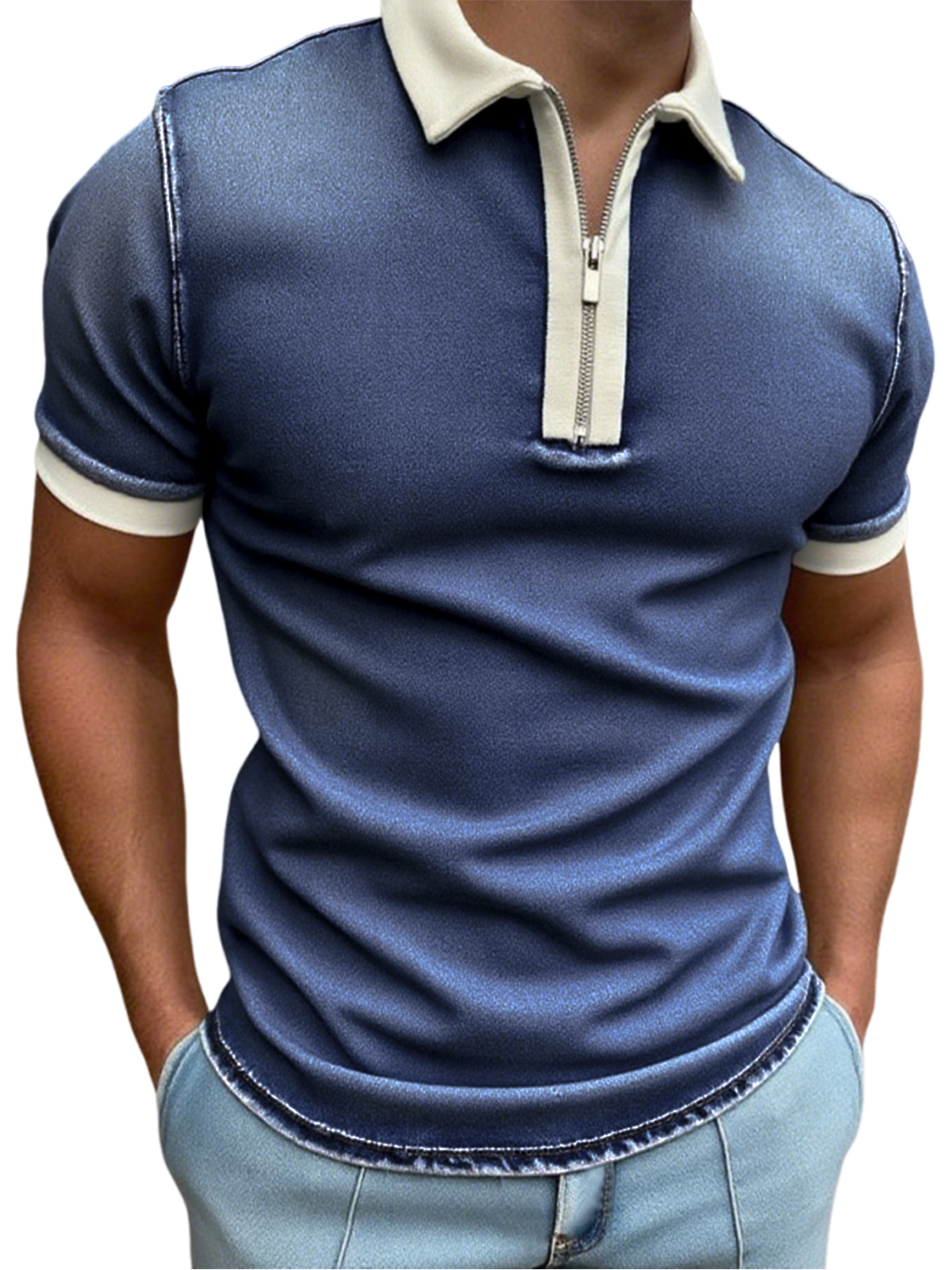 Men's Stylish Distressed Quarter Zip Short Sleeve Lapel Polo Shirt