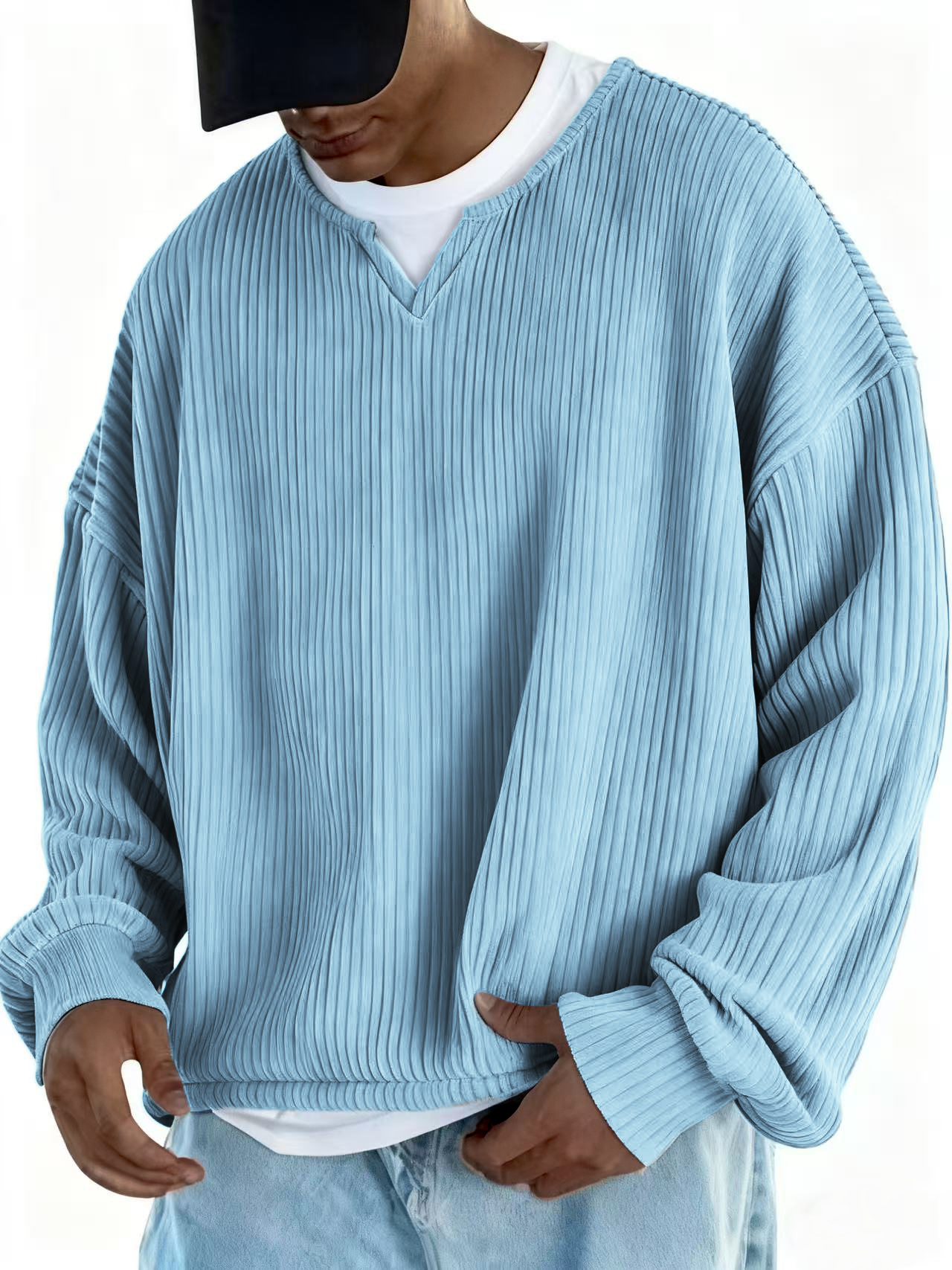 Men's V-neck Notch Collar Ribbed Long-sleeved Pullover