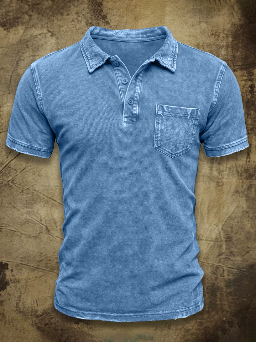 Men's Vintage Washed & Distressed Cotton Pocket Polo Shirt