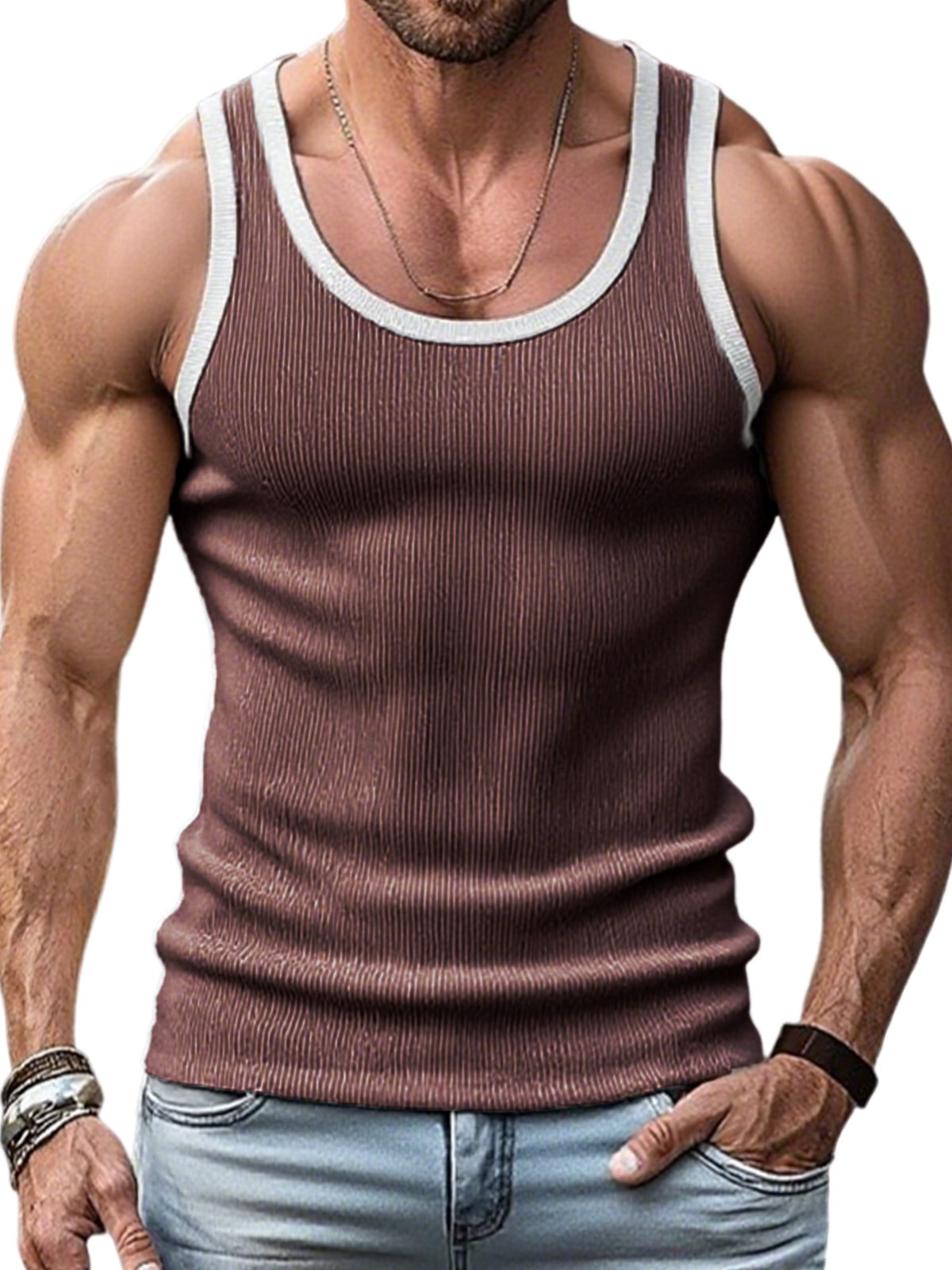 Men's Stylish Ribbed Contrast Color Sleeveless Sports Fitness Vest