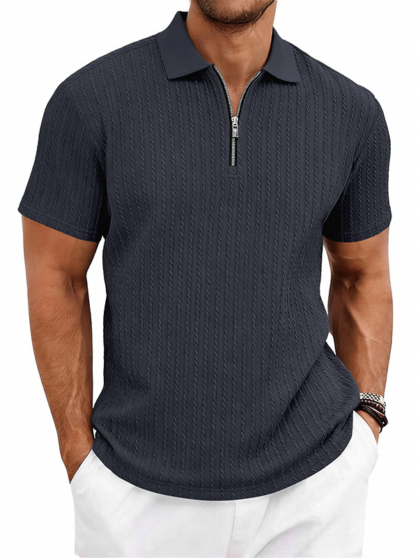 Men's Striped Jacquard Zip Up Short Sleeved  Polo Shirt
