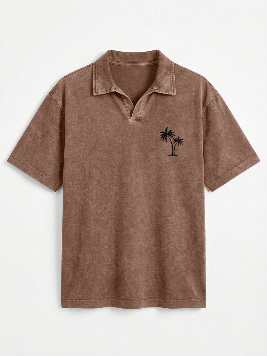 Men's Vintage Distressed Palm Tree Print Seagull Collar Short-Sleeve Polo Shirt