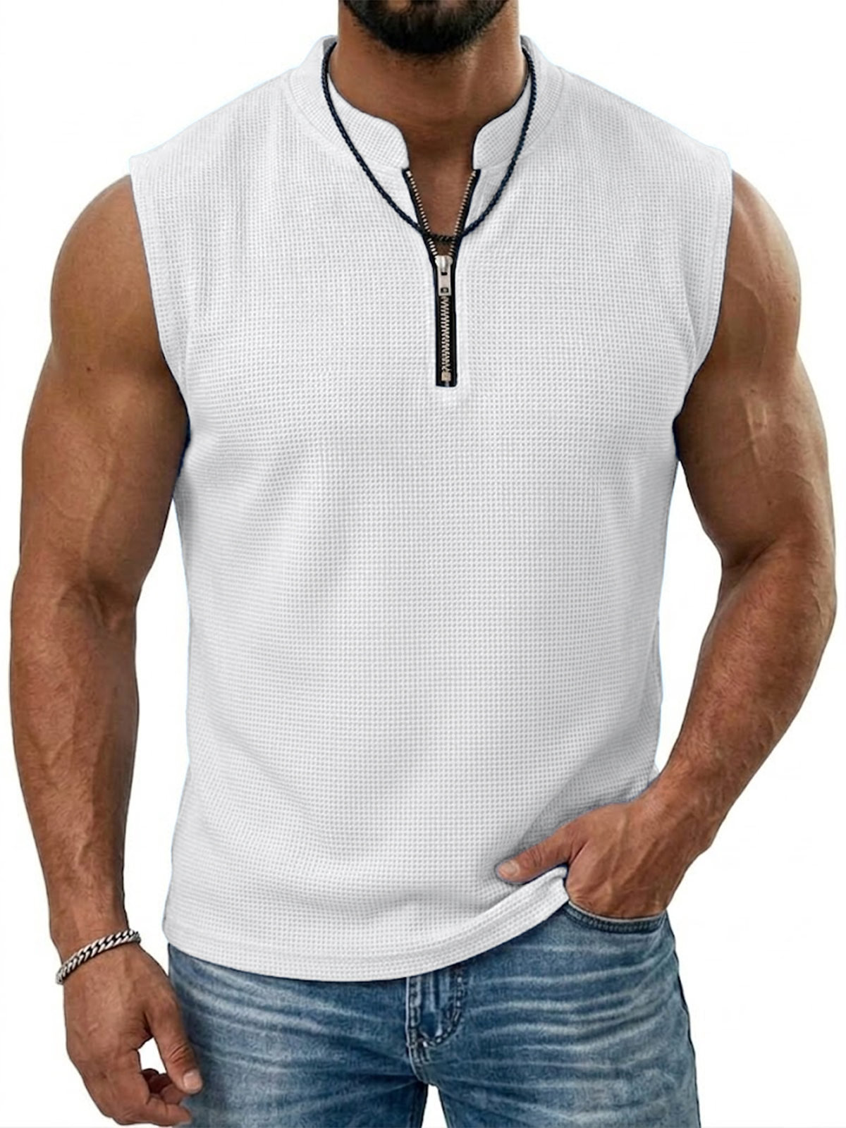 Men's Sleeveless Solid Color Textured Pullover Vest