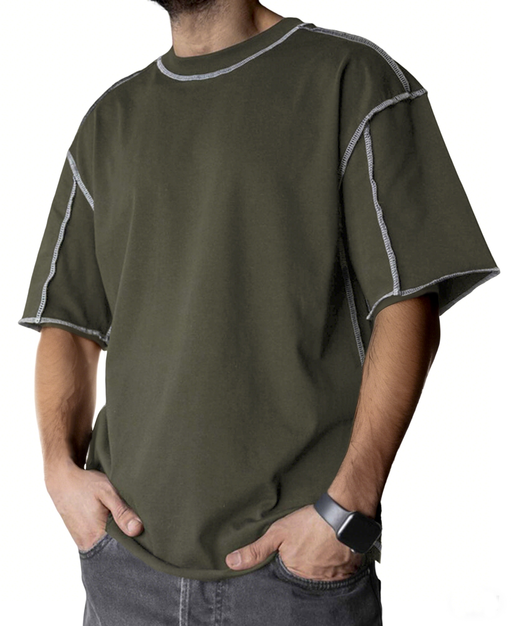 Men's Stylish Contrast Stitch Casual Everyday Basics Crew Neck T-Shirt