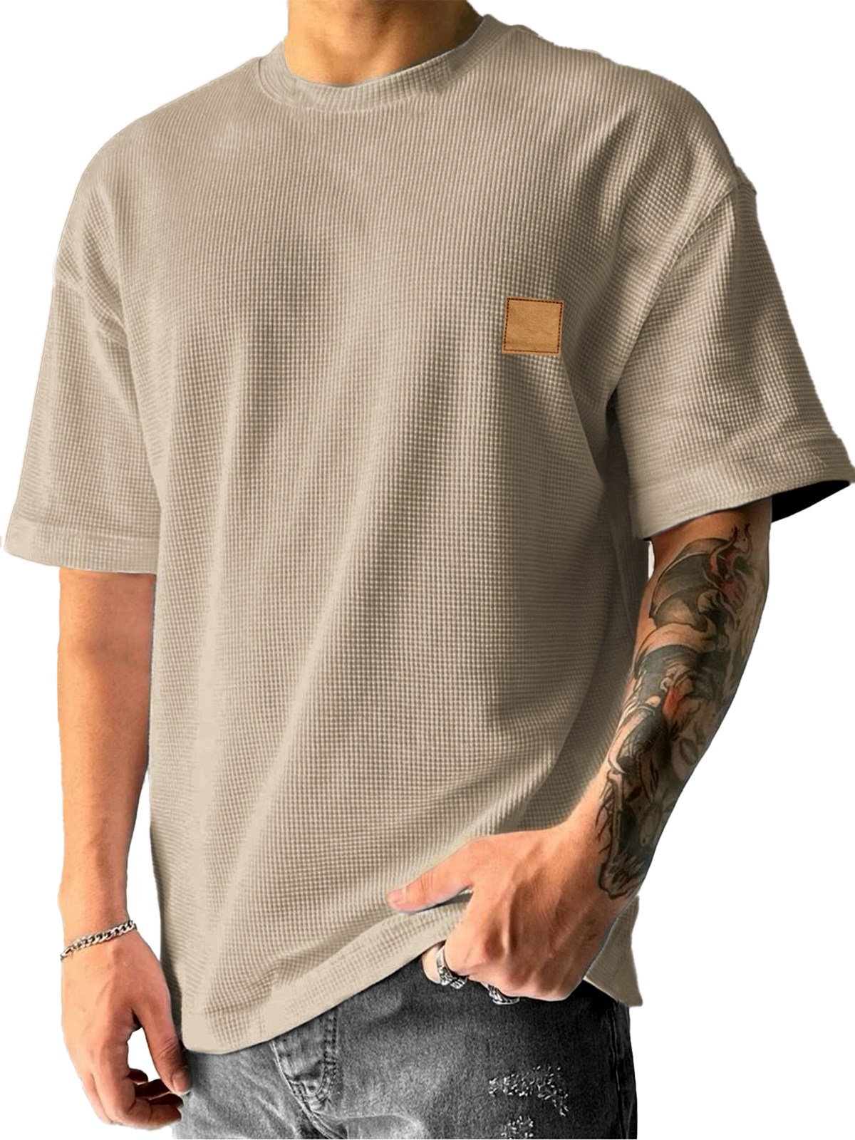 Men's Waffle Texture Minimalist Embroidered Leather Label Daily Casual Short-sleeved T-shirt