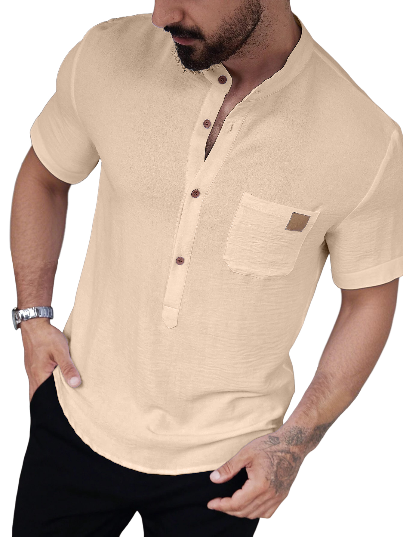 Men's Solid Color Single-breasted Pocket Casual Short-sleeved Shirt