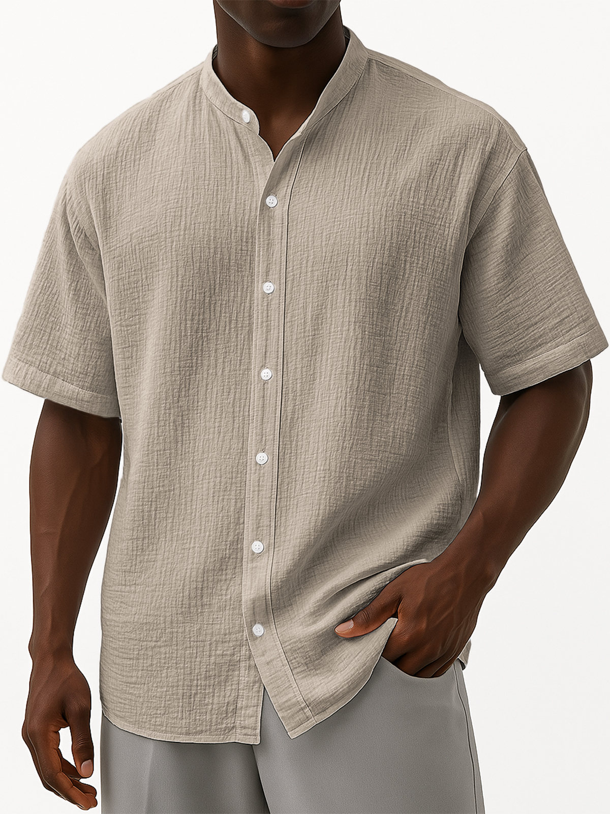 Men's Comfort Linen Muslin Crinkled Stand Collar Casual Vacation Short Sleeve Shirt