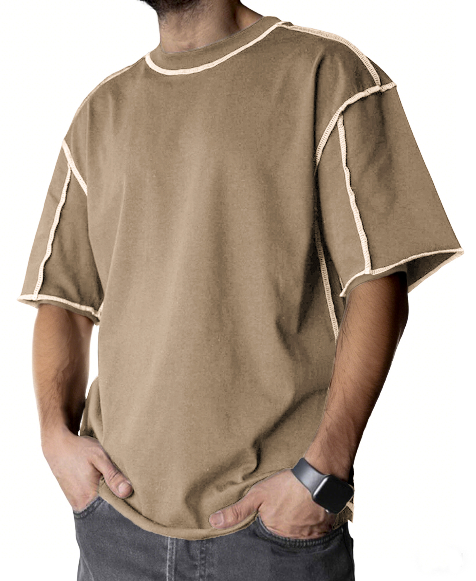 Men's Stylish Contrast Stitch Casual Everyday Basics Crew Neck T-Shirt