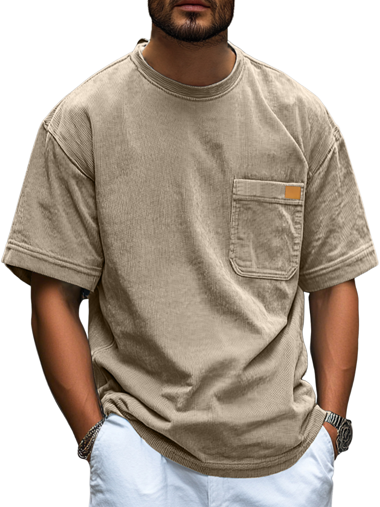 Men's Fashion Retro Corduroy Simple Embroidered Logo Pocket Casual Short-sleeved T-shirt