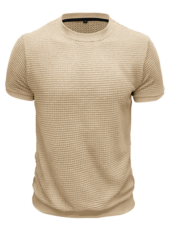 Men's Knitted Waffle Quality Casual Round Neck Short-sleeved T-shirt