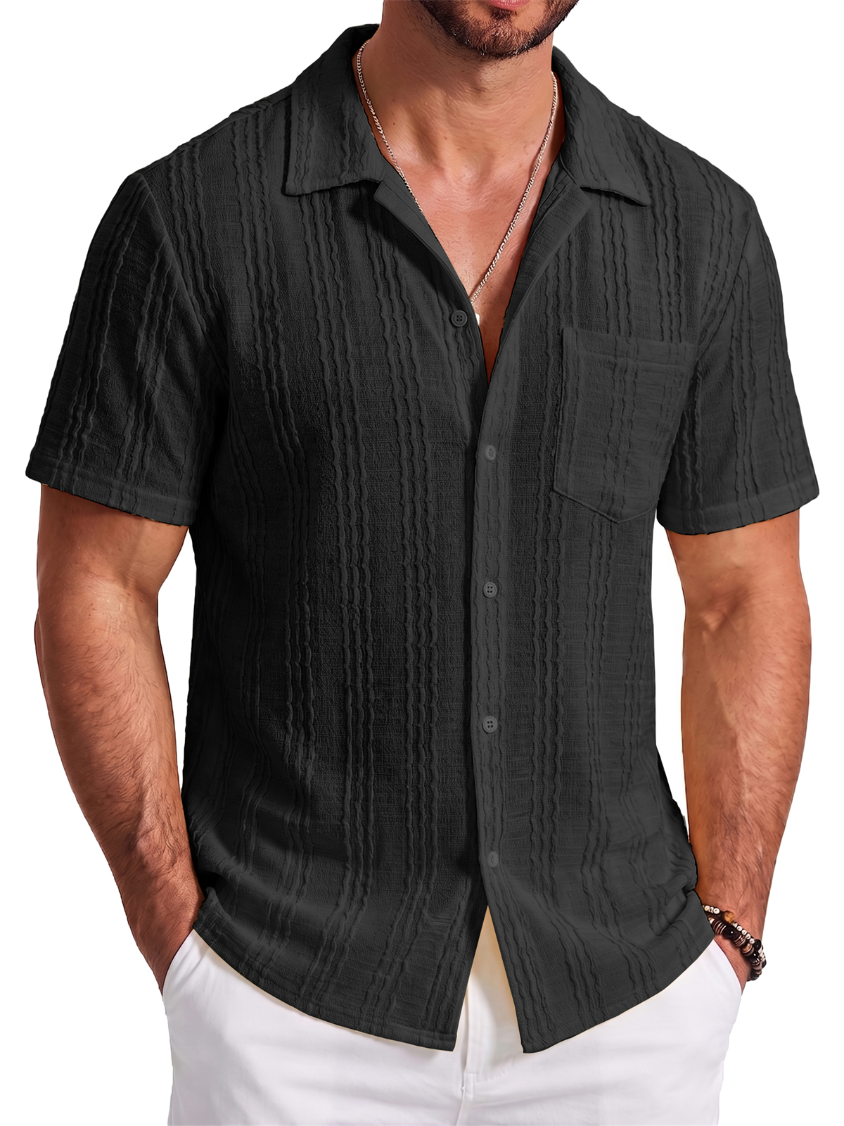 Men's Jacquard Striped Short Sleeve Shirt