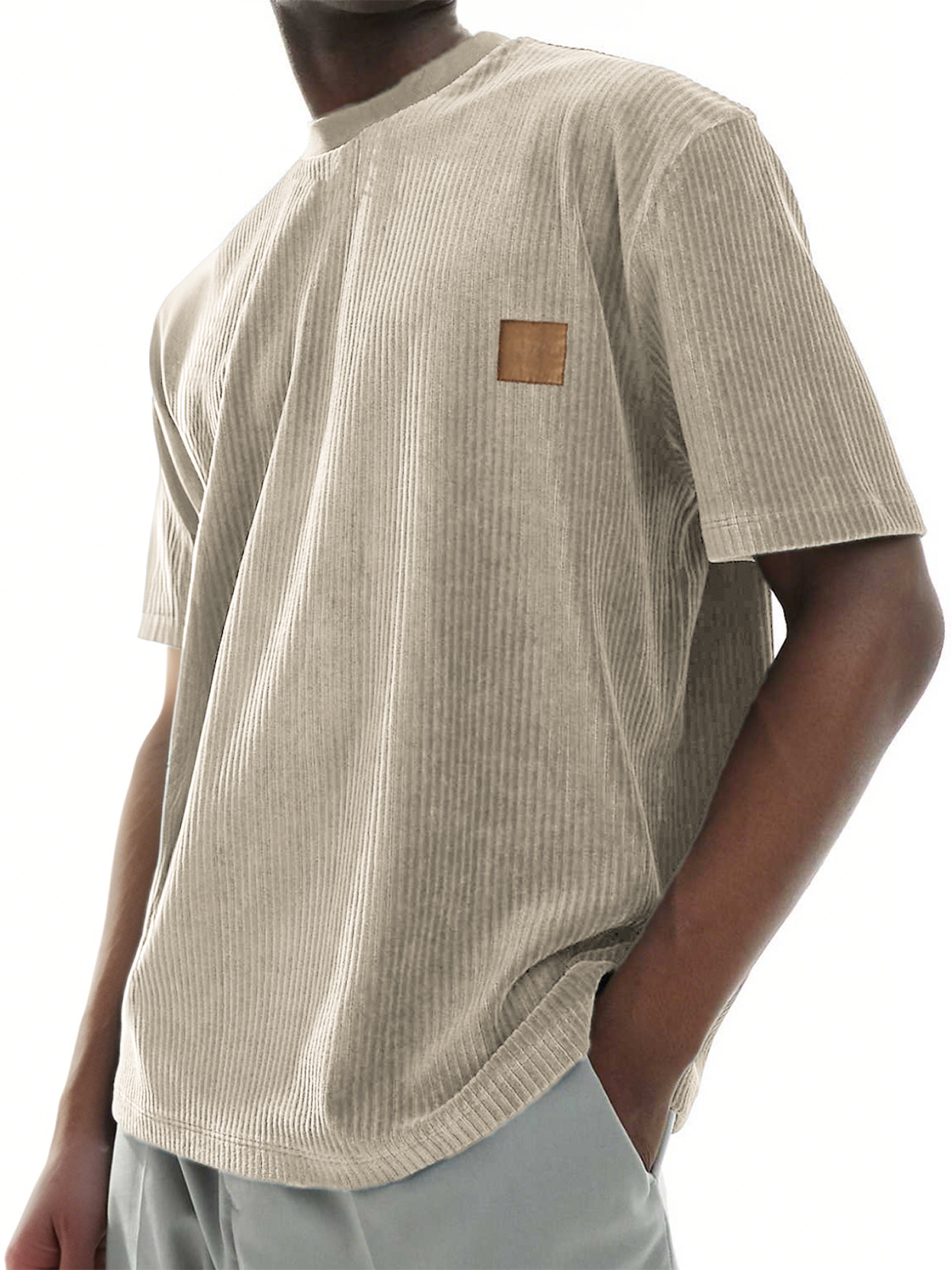 Men's Stylish Ribbed Embroidered Logo Everyday Corduroy Short Sleeve T-shirt