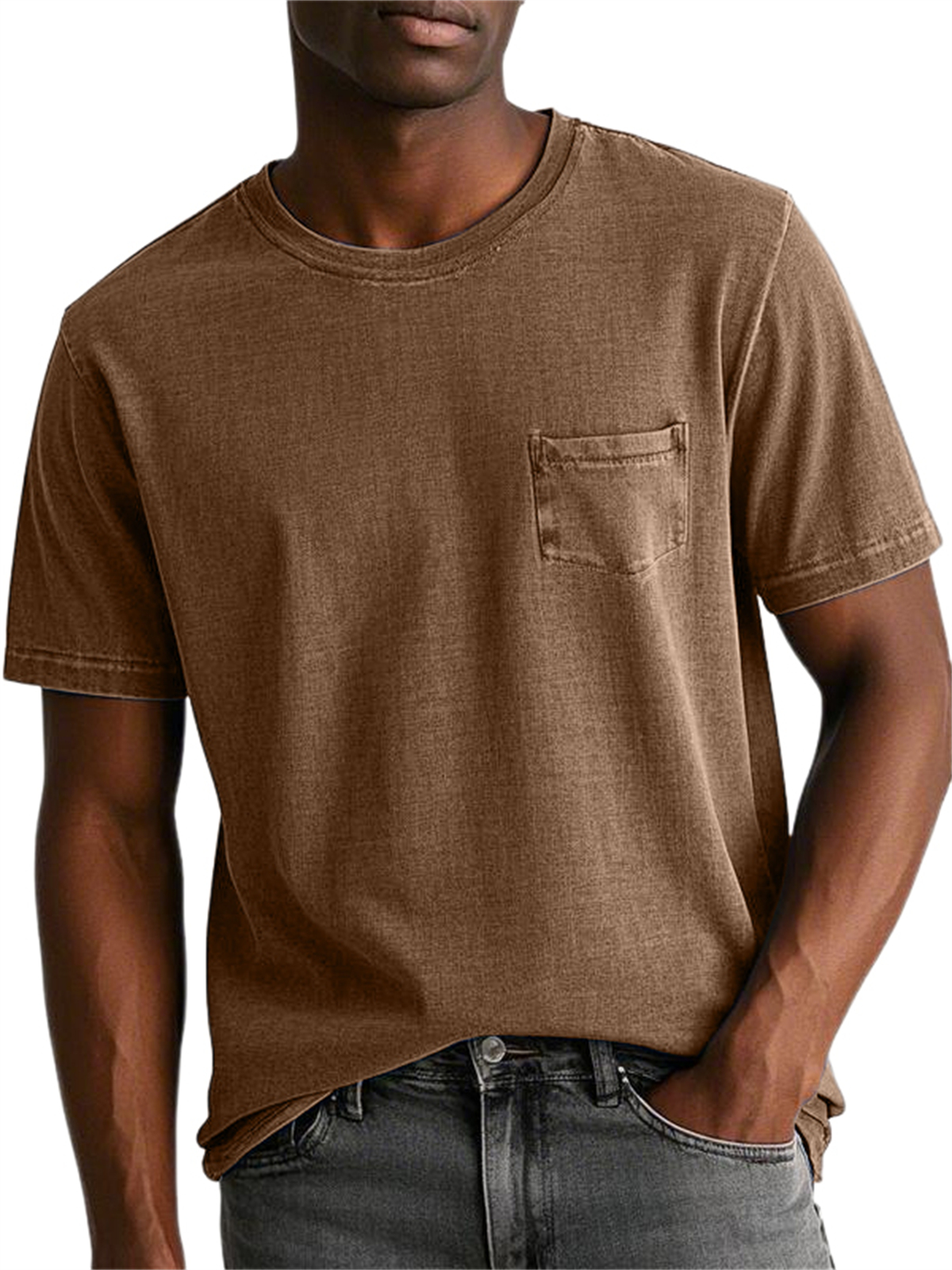 Men's 100% Cotton Washed And Distressed Retro Pocket Round Neck Short-sleeved T-shirt
