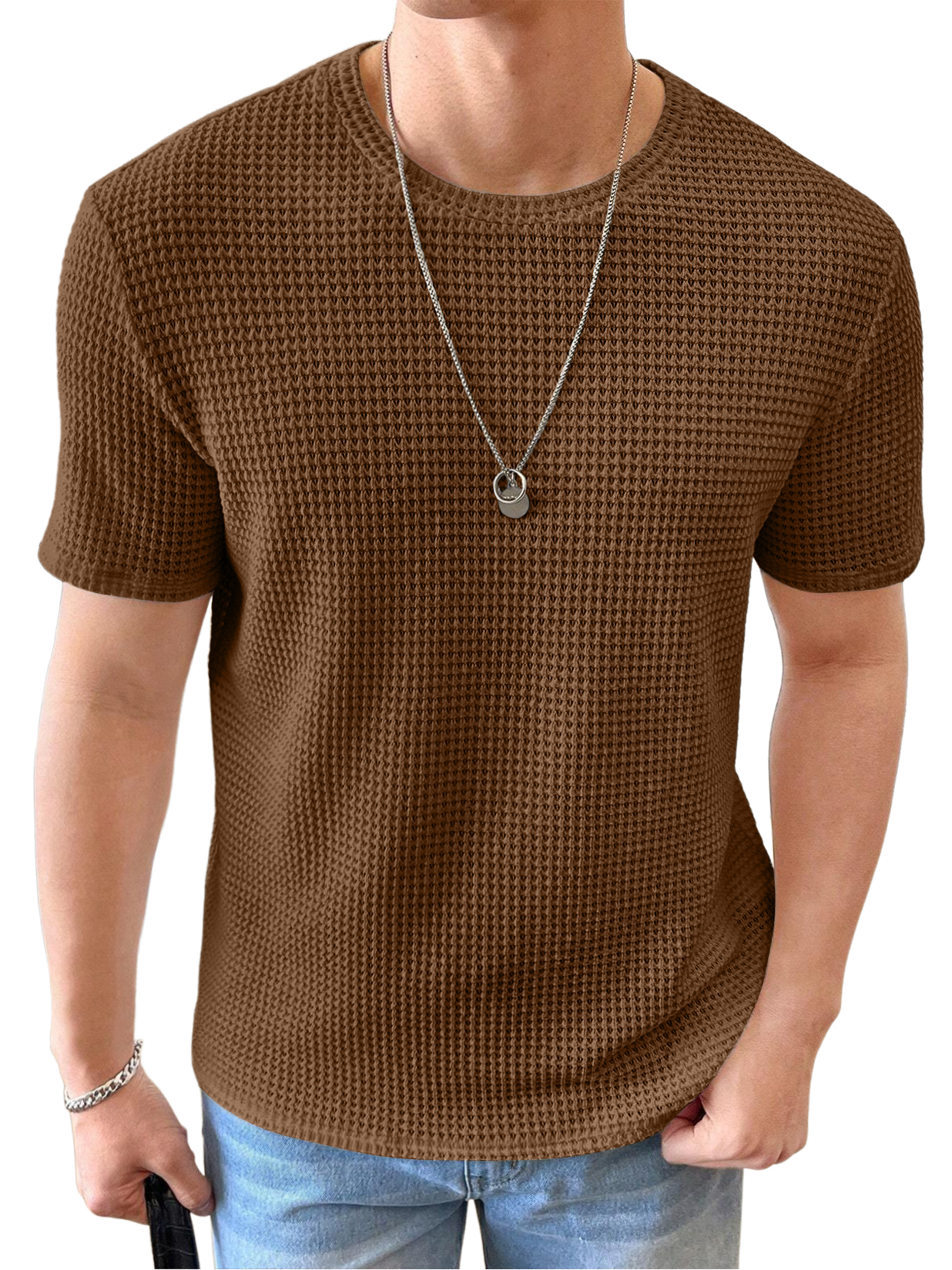 Men's Knitted Waffle Quality Casual Round Neck Short-sleeved T-shirt