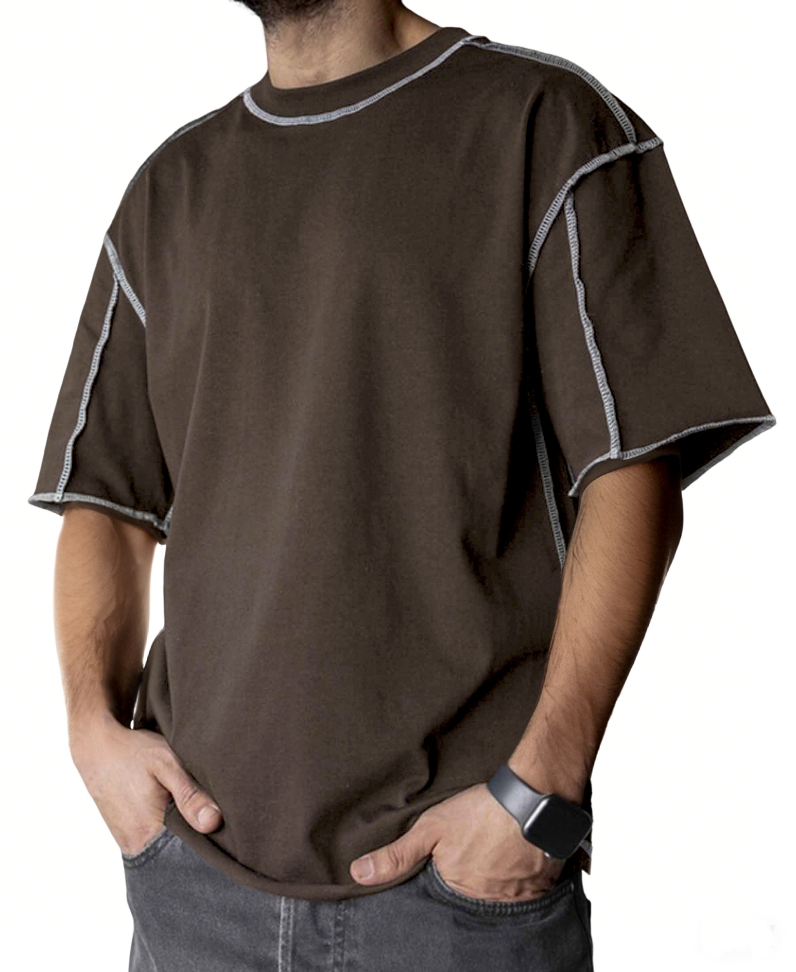 Men's Stylish Contrast Stitch Casual Everyday Basics Crew Neck T-Shirt