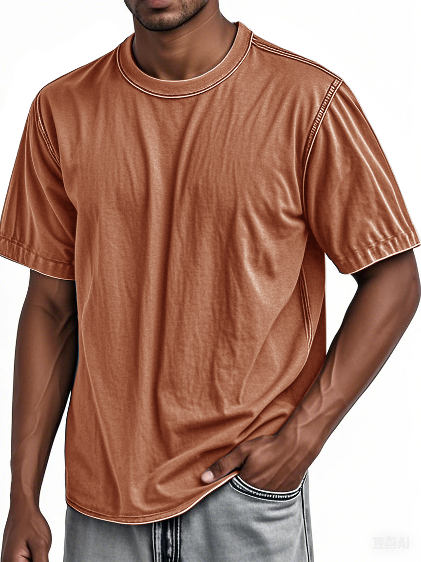 Men's 100% Cotton Washed Distressed Vintage Round Neck Short-sleeved T-shirt