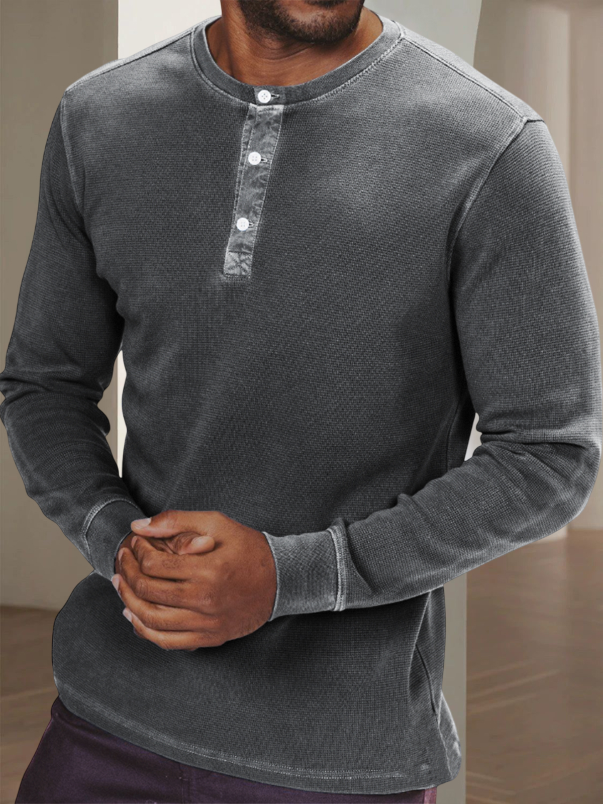 Men's Waffle Retro Dyed Distressed Trendy Casual Long Sleeve Henley Shirt Top