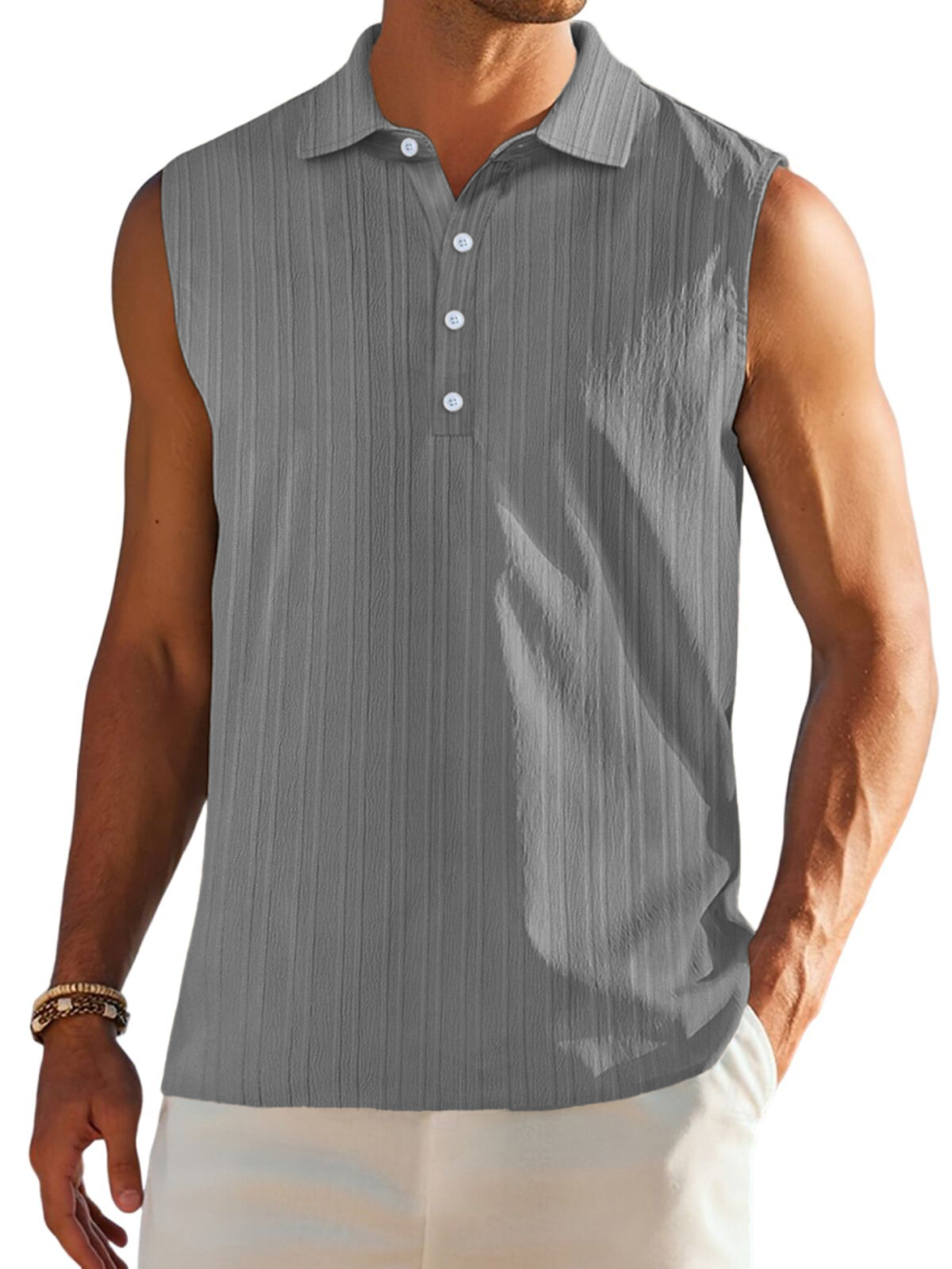 Men's Tank Top Textured Sleeveless Vest Button-Down Lapel Top Shirt