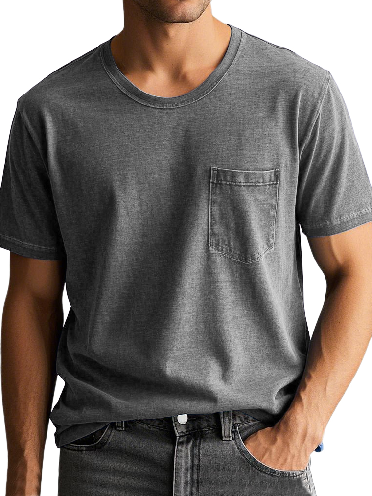Men's Vintage Distressed Pocket Short Sleeve Round Neck T-shirt