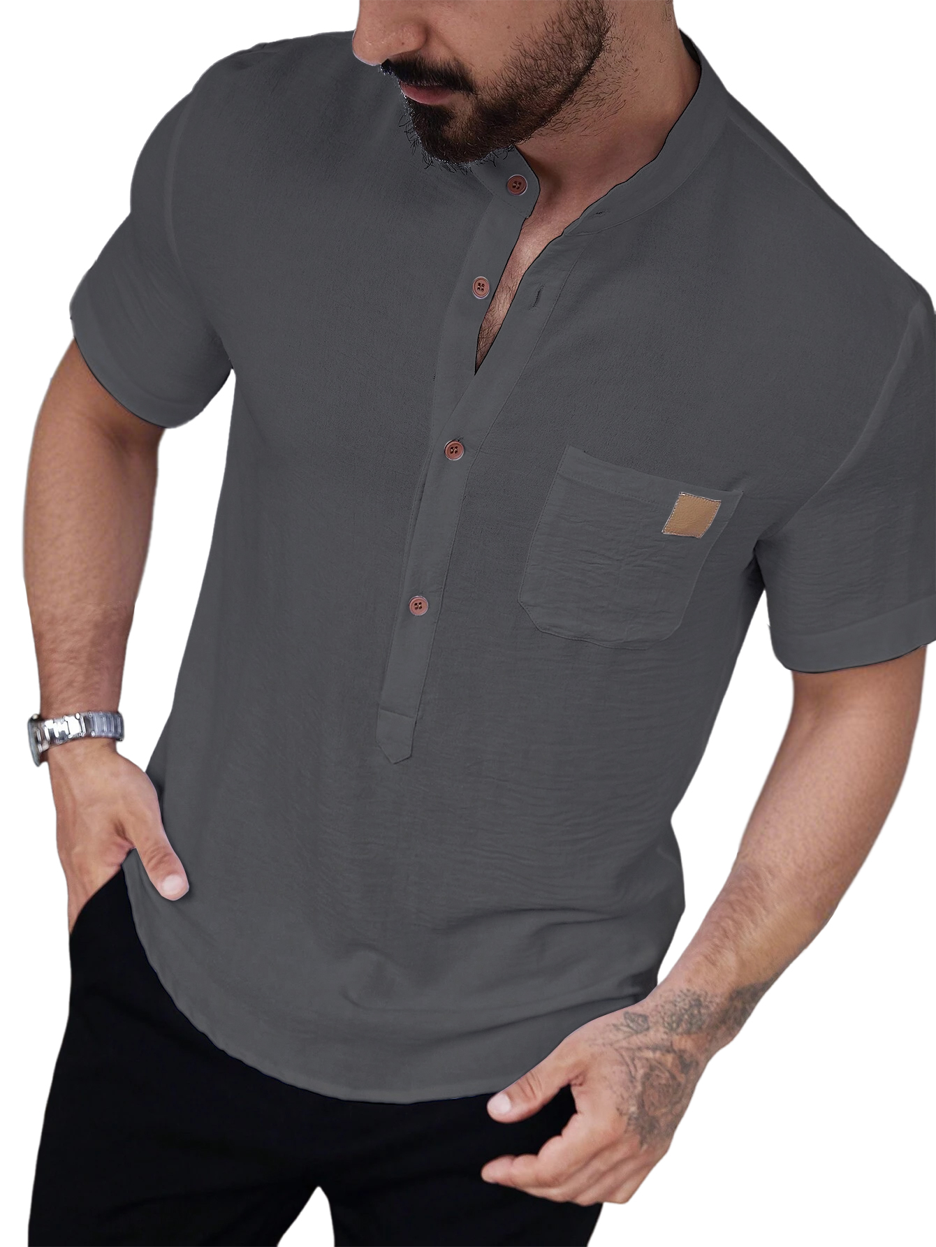Men's Solid Color Single-breasted Pocket Casual Short-sleeved Shirt