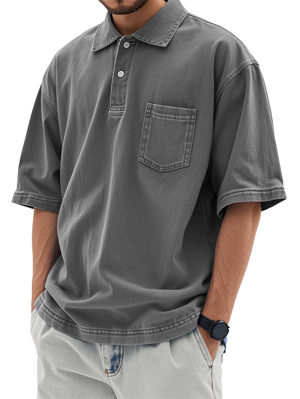 Men's Retro Distressed Washed Workwear Pocket Short-sleeved Polo Shirt