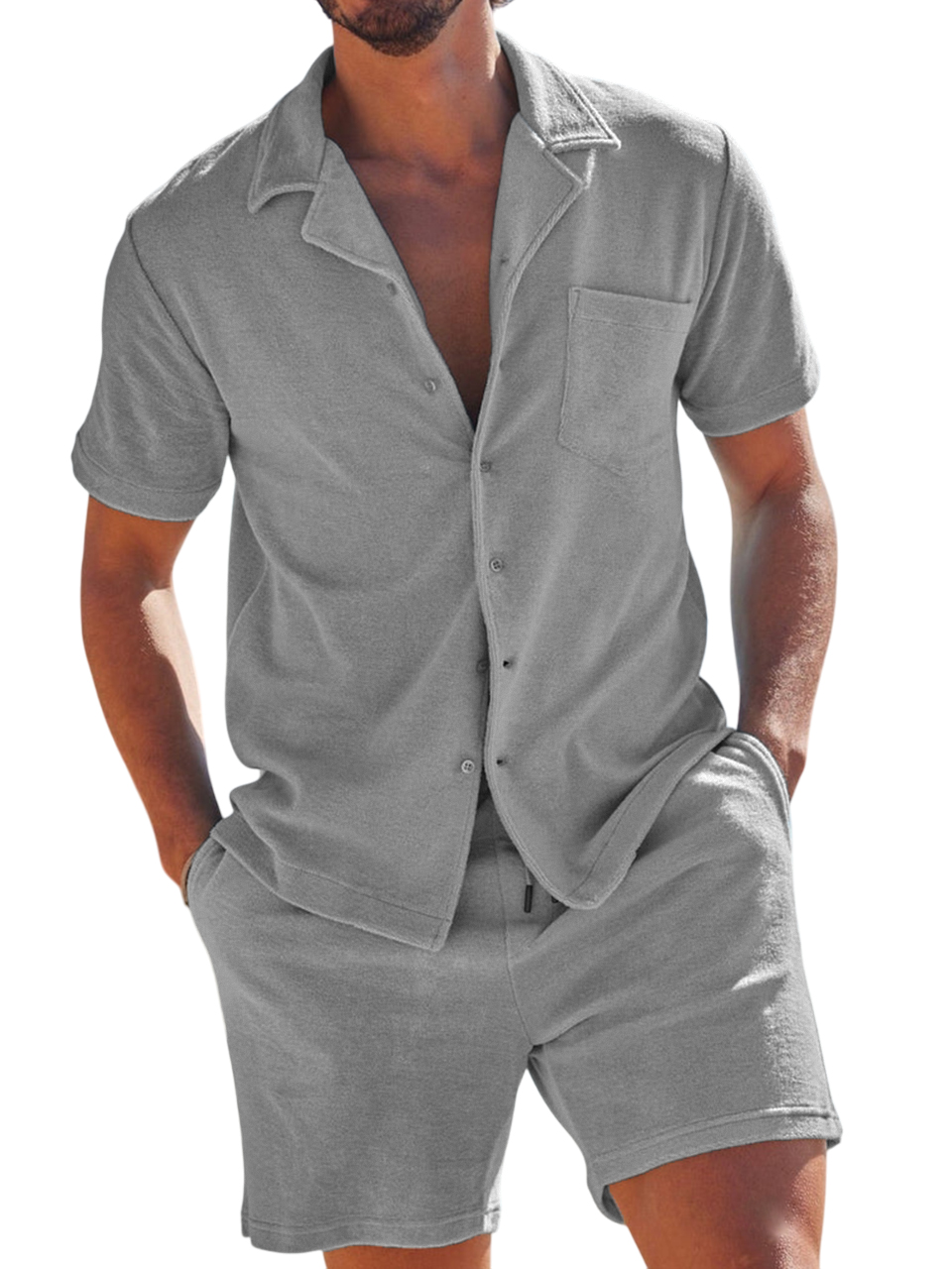 Men's Comfortable Terry Camp Collar Holiday Leisure Suit with Chest Pocket Short Sleeve Shirt Shorts Two-piece Set