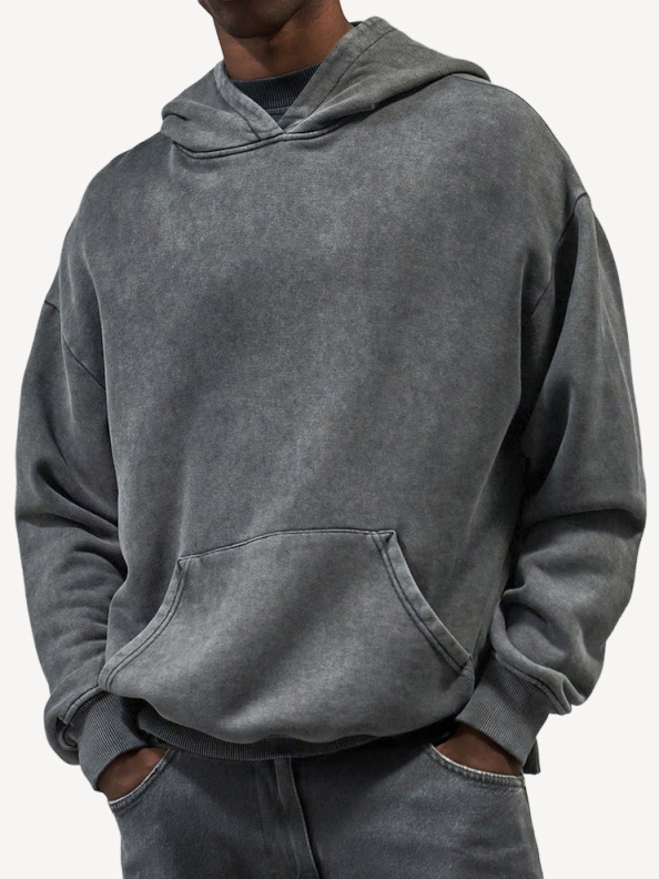 Men's Vintage Washed Distressed Basic Hooded Sweatshirt