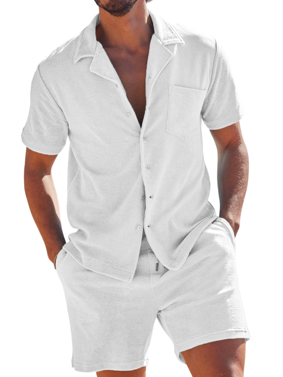 Men's Comfortable Terry Camp Collar Holiday Leisure Suit with Chest Pocket Short Sleeve Shirt Shorts Two-piece Set